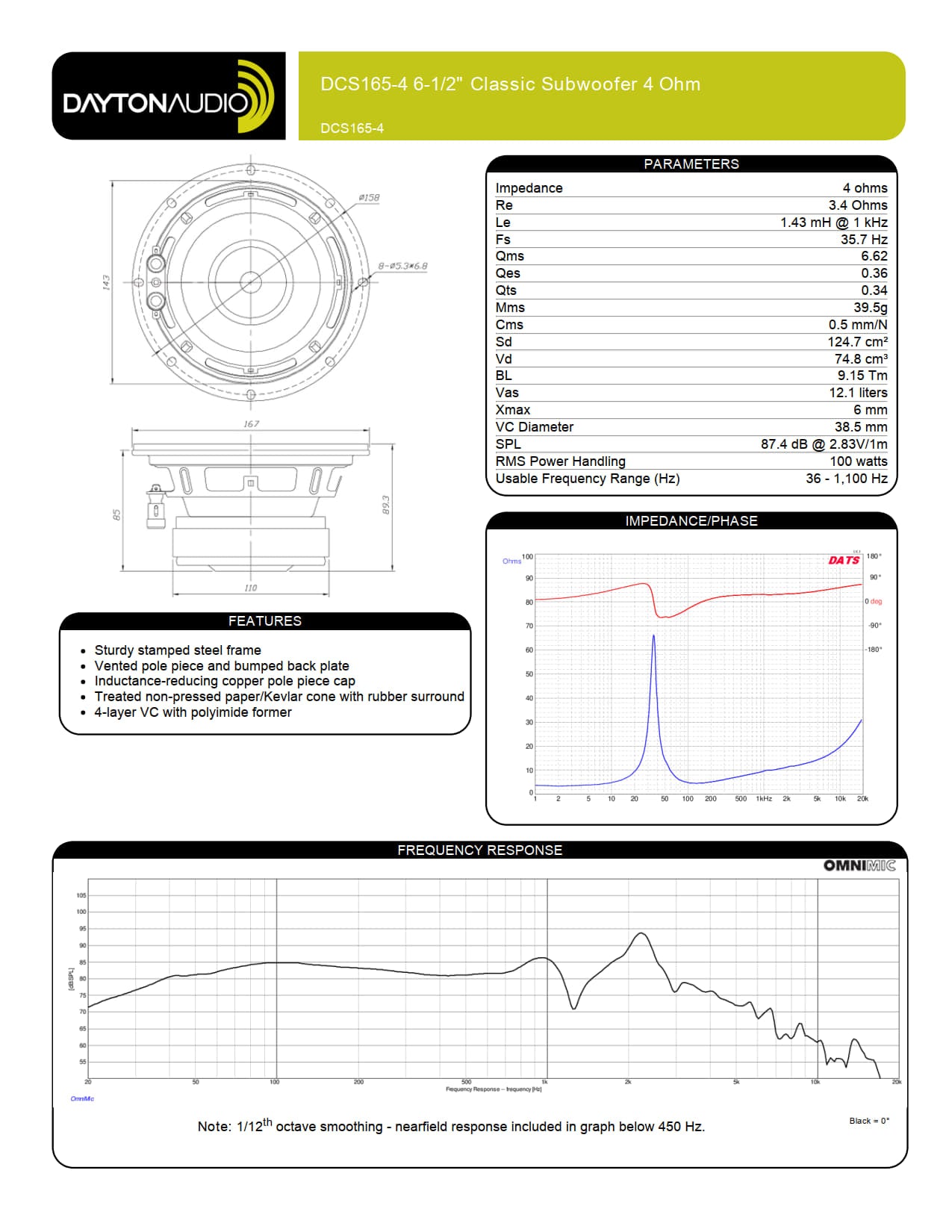 Dayton Audio DCS165-4 6-1/2" Classic Subwoofer 4 Ohm