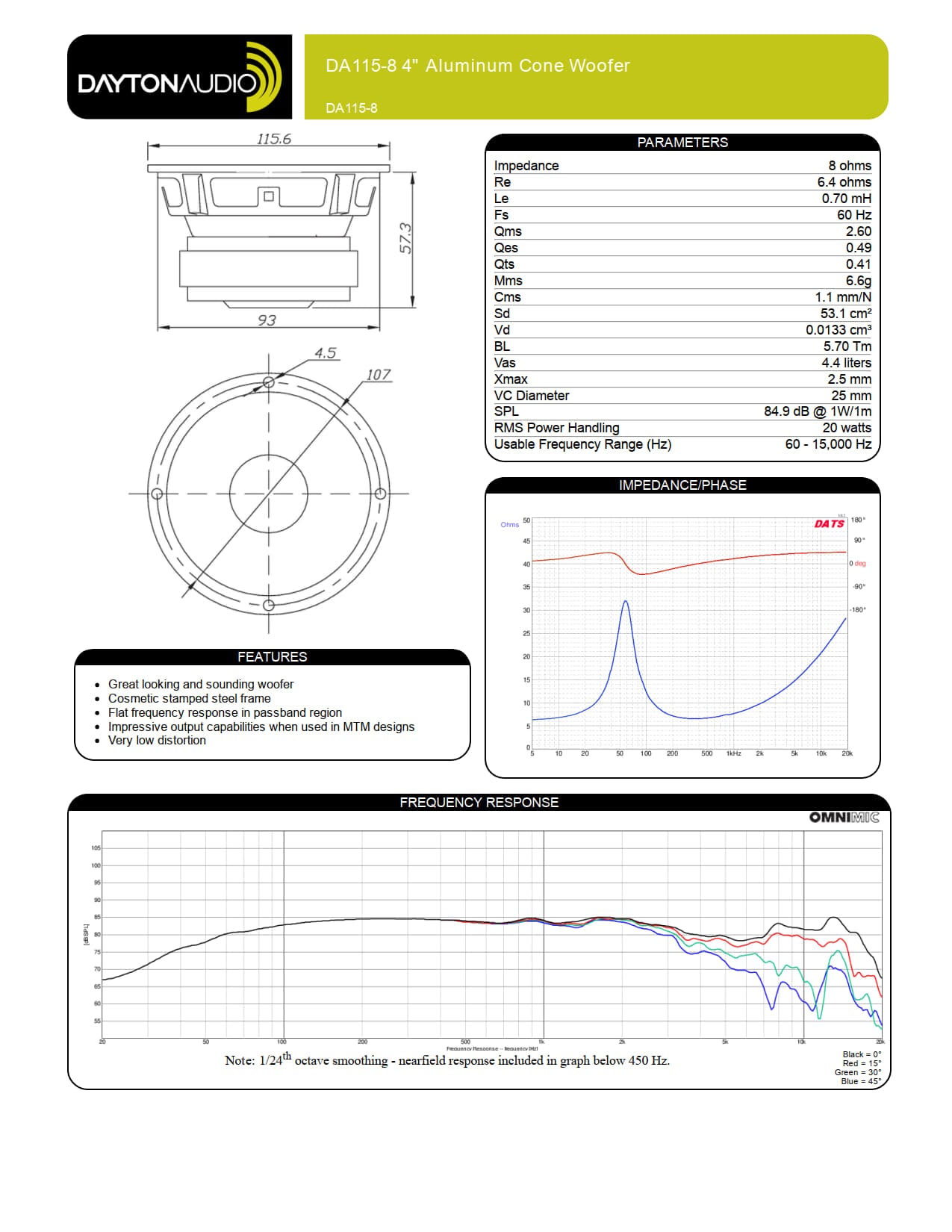 Dayton Audio DA115-8 4" Aluminum Cone Woofer