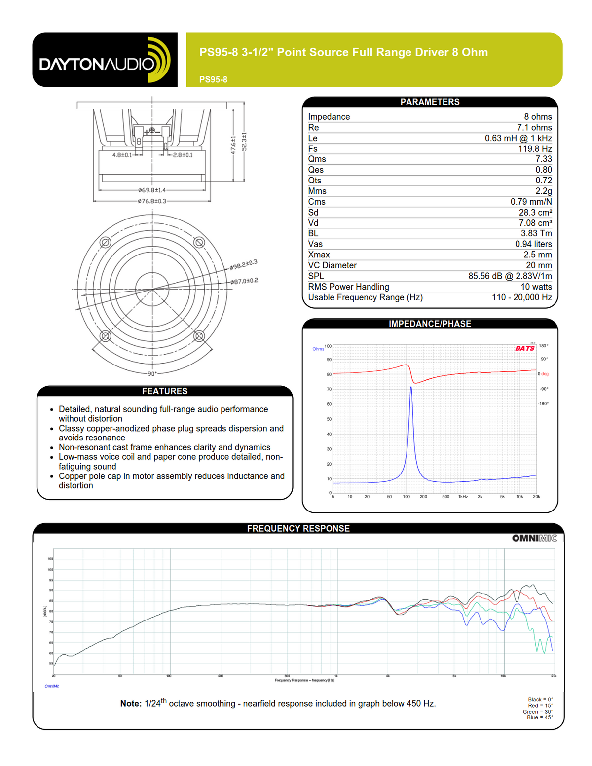 Dayton Audio PS95-8 3-1/2" Point Source Full Range Driver 8 Ohm