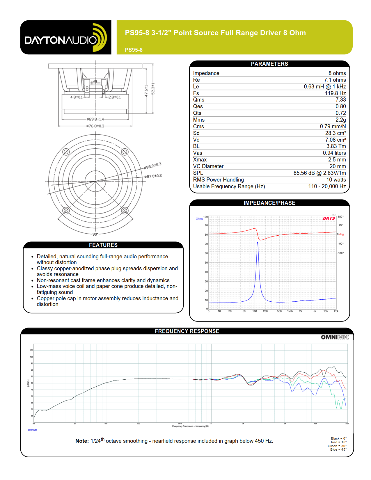 Dayton Audio PS95-8 3-1/2" Point Source Full Range Driver 8 Ohm
