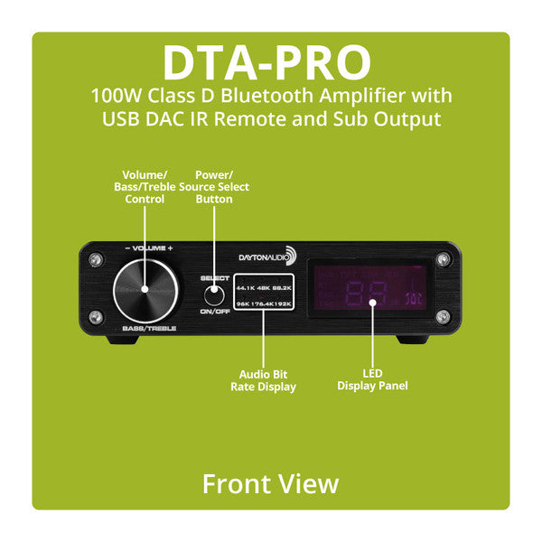 Dayton Audio DTA-PRO 100W Class D Bluetooth Amplifier with USB DAC IR Remote and Sub Output