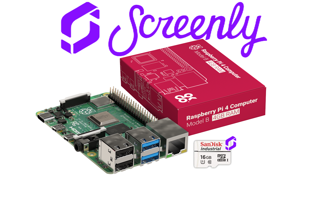 Raspberry Pi 4 4GB with Screenly 16GB SanDisk Industrial SD Card